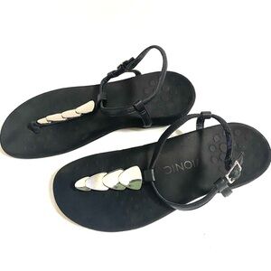 Vionic‎ Orthaheel Miami Leather T-Strap Hardware Sandals Black Silver US SIZE 7
